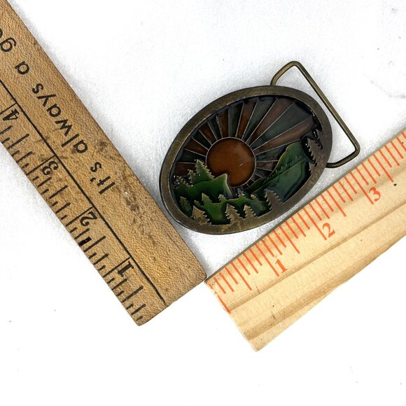 Indiana Metal Craft Brass Enameled Sunrise in the Mountains Belt Buckle Vintage main image 6